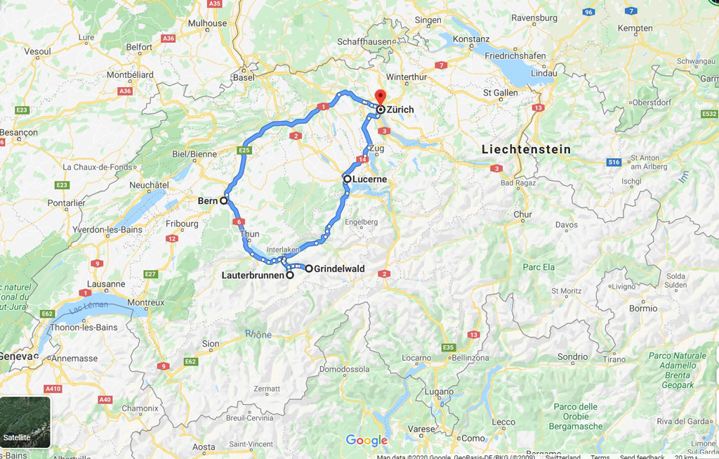 2 day Switzerland itinerary map