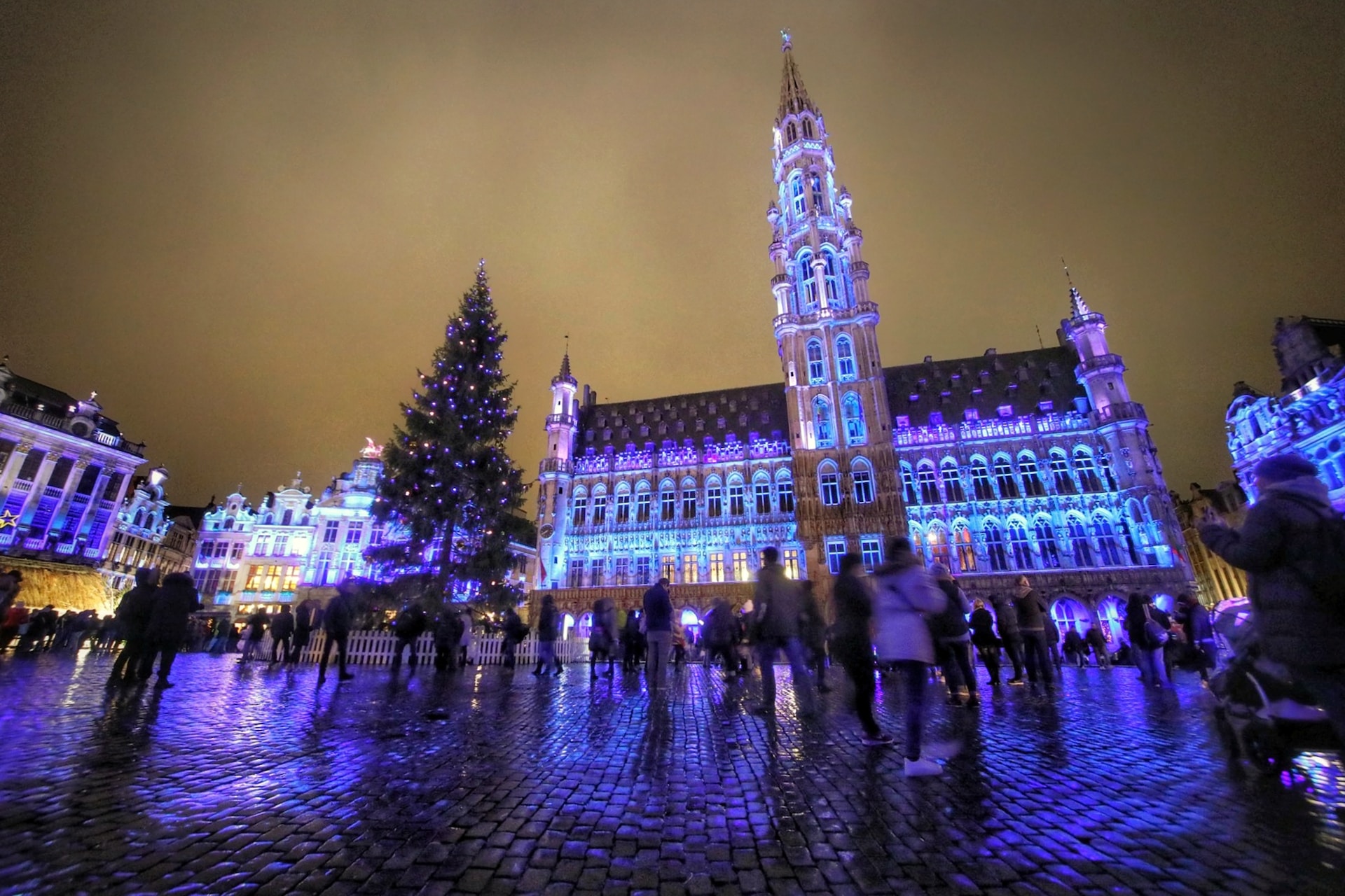 A square in a city in Belgium during Christmas.
