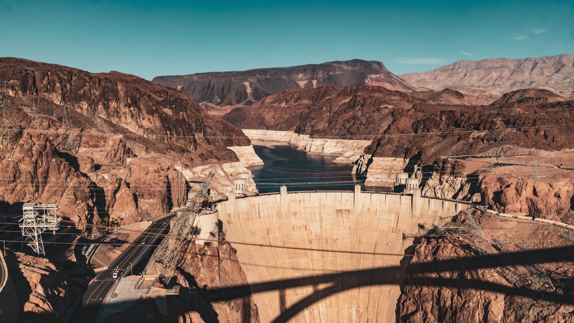 The Hoover Dam view from a bridge.
