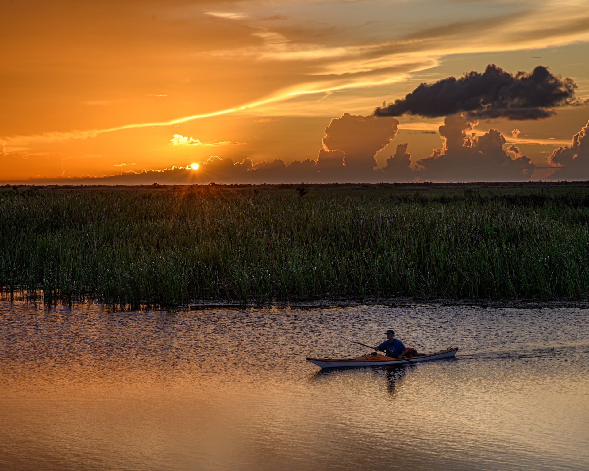 A man kayaking in Everglades with an onset of a sunset.